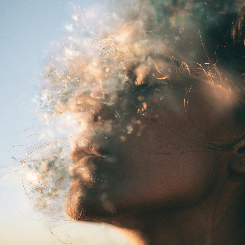 Profile of a face in warm light, eyes closed, dissolving into soft particles, evoking breath, release, and stillness.